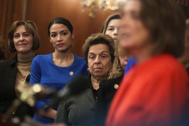  Rep. Kathy Castor (D-FL), left, Rep. Alexandria Ocasio-Cortez (D-NY), and Rep. Donna Shalala (D-FL) listen as Speaker of the House Rep. Nancy Pelosi (D-CA) speaks during a news conference at the U.S. Capitol January 30, 2019 in Washington, D.C. 