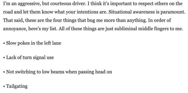 Image for article titled Here Are Your Driving Pet Peeves