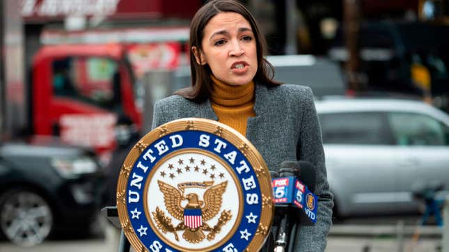 Alexandria Ocasio-Cortez speaking at a press conference in Queens in New York on April 14, 2020.
