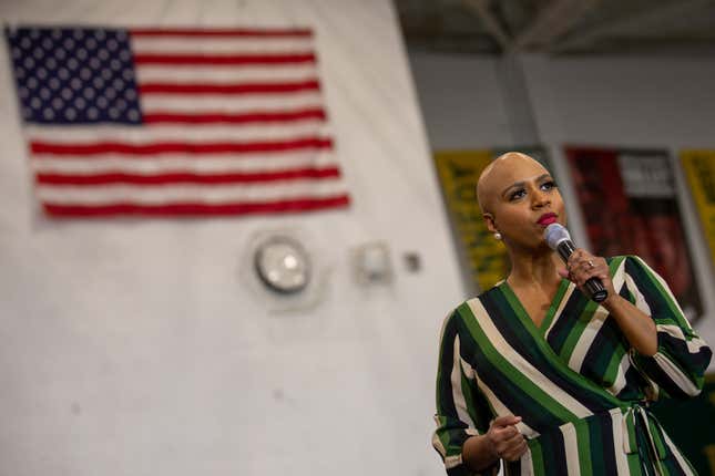 U.S. Rep. Ayanna Pressley speaks during a Get Out the Caucus Rally event in Iowa City, Iowa on February 1, 2020. 