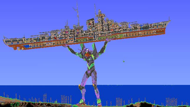 Image for article titled Someone Turned A Terraria Map Into An Evangelion Holding A Warship