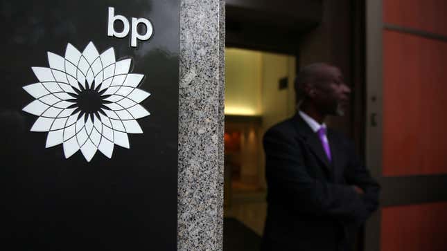 A security guard at the entrance to BP’s London headquarters