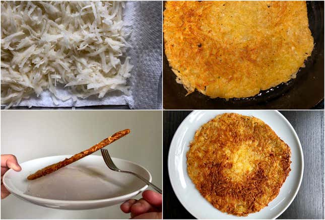 Four-panel image of raw potatoes, potatoes in a pan, hash browns on plate, and side view of crispy exterior