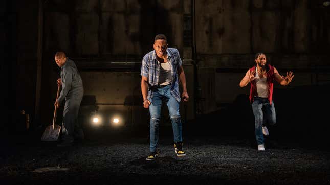 Manny Buckley, left, as Ogun; Patrick Agada as Oshoosi; Rashaad Hall as Elegba in Tarell Alvin McCraney’s The Brothers Size at Steppenwolf Theatre.