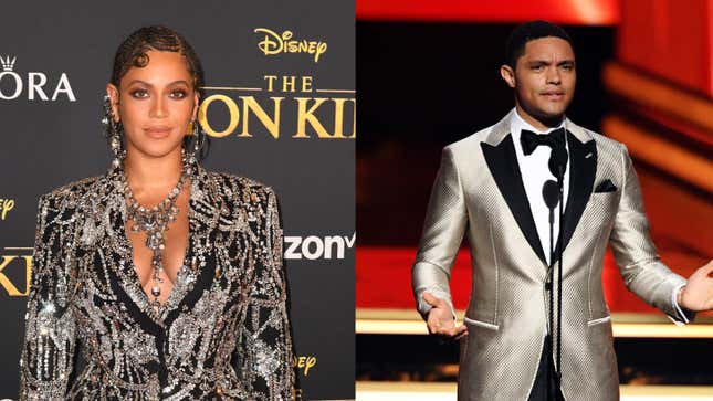 Beyonce arrives for the world premiere of Disney’s “The Lion King” on July 9, 2019; Trevor Noah speaks onstage during the 62nd Annual GRAMMY Awards on January 26, 2020.