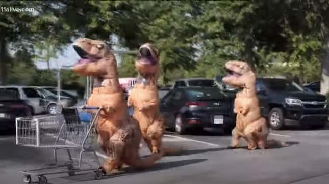 Image for article titled Errandosaurus Rex: Dino costumes make grocery shopping more fun