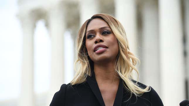 Laverne Cox speaks to demonstrators in favor of LGBT rights rally outside the US Supreme Court in Washington, DC, October 8, 2019.