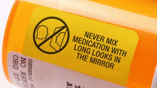 Image for article titled Antidepressant Medication Label Reminds Users That Pill Should Never Be Mixed With Long Look In Mirror