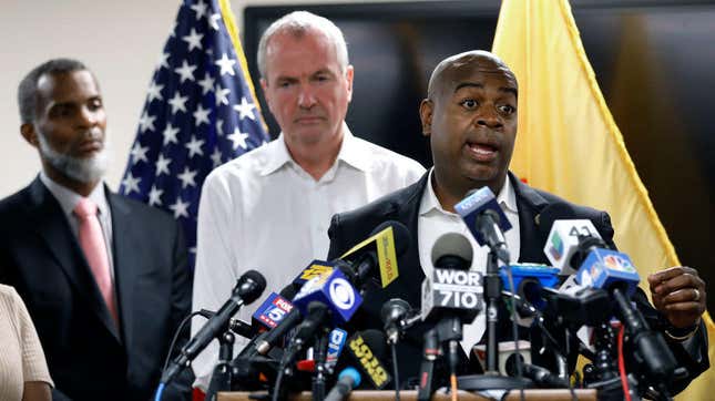 Newark, N.J., Mayor Ras Baraka speaks about the city’s ongoing water crisis Aug. 14, 2019, in Newark. At left is Kareem Adeem, acting director of Water and Sewer Utilities in Newark and New Jersey Gov. Phil Murphy. 