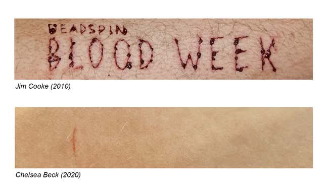 I tried to spoof Jim’s iconic, unhinged Blood Week badge by carving his name into my thigh. This is how far I got.