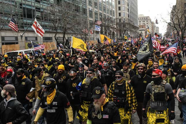 Image for article titled MAGA Marchers and Proud Boys Descend on D.C., Setting Fire to Churches&#39; Black Lives Matter Signs and Getting into Stabbing Fights [Updated]