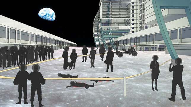An artist’s rendering of the 2055 mass shooting on the moon. 
