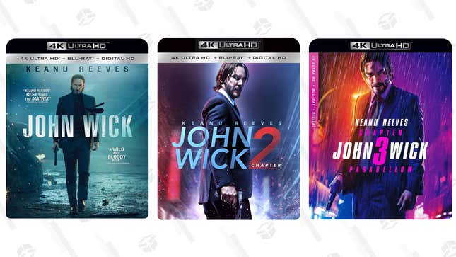 John Wick (4K) | $15 | Best Buy
John Wick Chapter 2 (4K) | $15 | Best Buy
John Wick Chapter 3: Parabellum (4K) | $18 | Best Buy