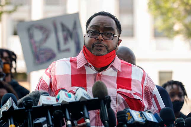 Jacob Blake Sr., father of Jacob Blake Jr., speaks during a press conference outside of the County Courthouse in Kenosha, Wisconsin on Aug. 25.