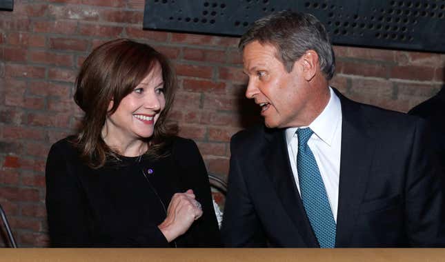 Mary Barra, General Motors Chairman and CEO, speaks with Bill Lee, Governor of Tennessee.