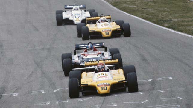 A pack of cars at the 1982 Dutch Grand Prix at Circuit Zandvoort.