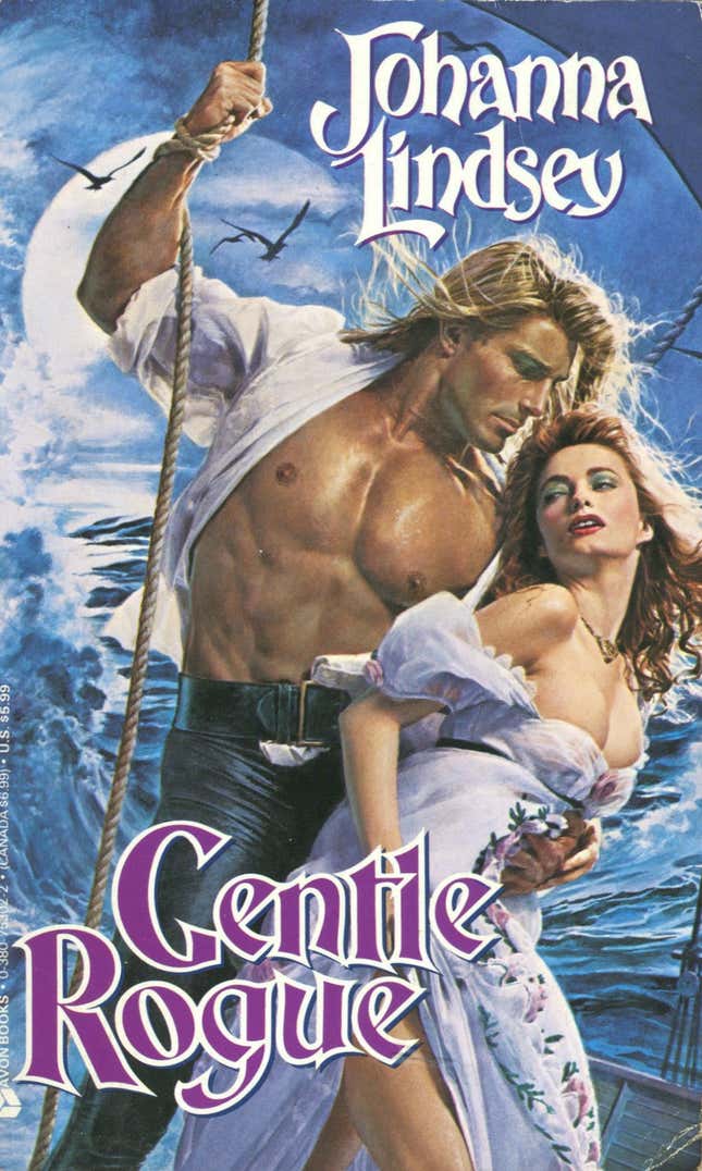 The 1990 cover for Johanna Lindsey’s Gentle Rogue, painted by Elaine Duillo and featuring Fabio