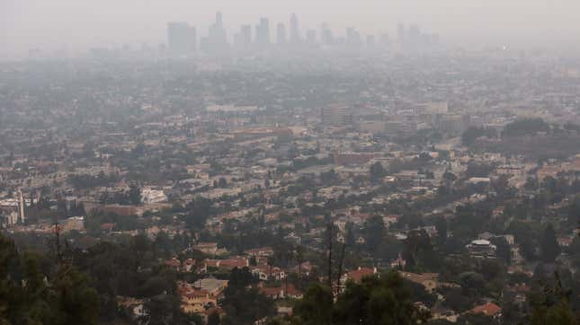 The downtown skyline partially obscured by smoke from wildfires after sunset on September 13, 2020 in Los Angeles, California.
