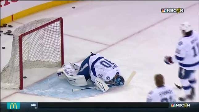 Lightning Goalie Ben Bishop Takes Puck To The Testicles Before Game 5
