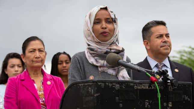 Rep. Ilhan Omar speaking at a press conference to introduce a piece of legislation in Washington, D.C., June 19, 2019