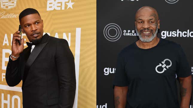 Jamie Foxx attends the American Black Film Festival Honors Awards Ceremony n February 23, 2020, in Beverly Hills, Calif.; Mike Tyson attends Gushcloud Los Angeles Opening Party on June 10, 2019, in Studio City, Calif. 