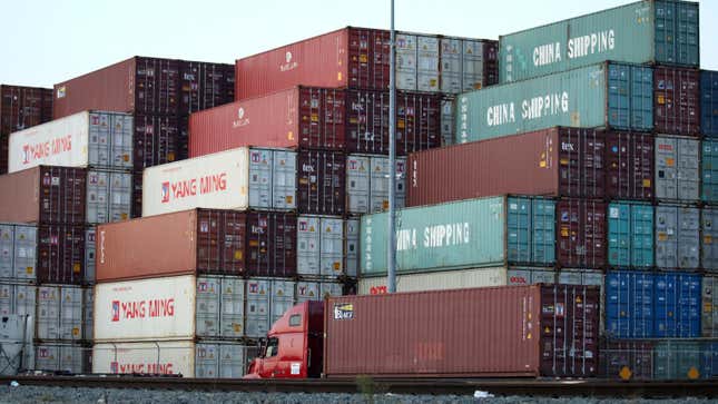 Shipping containers are stacked at the Port of Los Angeles, the nation’s busiest container port, on November 7, 2019 in San Pedro, California.