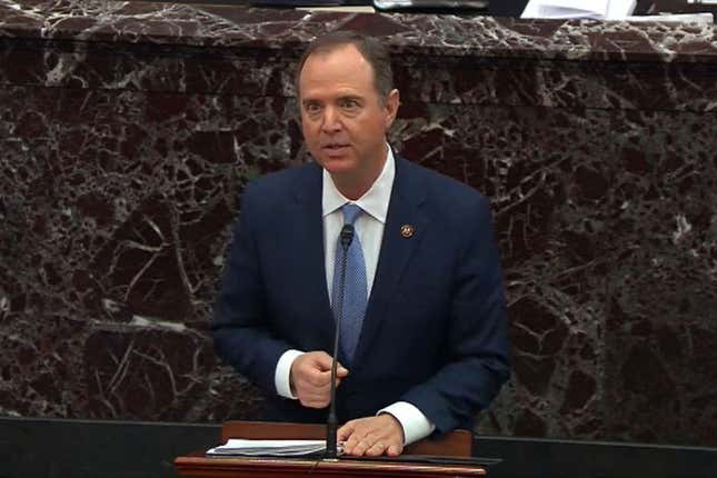 House impeachment manager Rep. Adam Schiff (D-CA) speaks during impeachment proceedings against U.S. President Donald Trump in the Senate at the U.S. Capitol on January 21, 2020, in Washington, DC.