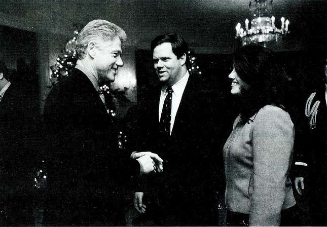 A photograph showing former White House intern Monica Lewinsky meeting President Bill Clinton at a White House Christmas party December 16, 1996, submitted as evidence in documents by the Starr investigation and released by the House Judiciary Committee September 21, 1998.