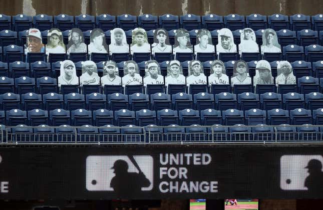  A view of cut-outs of African-American players from the Negro Leagues are displayed in left field during a game between the Philadelphia Phillies and the Atlanta Braves at Citizens Bank Park on August 29, 2020 in Philadelphia, Pennsylvania. Players are wearing #42 in honor of Jackie Robinson this weekend. The day honoring Jackie Robinson, traditionally held on April 15, was rescheduled due to the COVID-19 pandemic. 