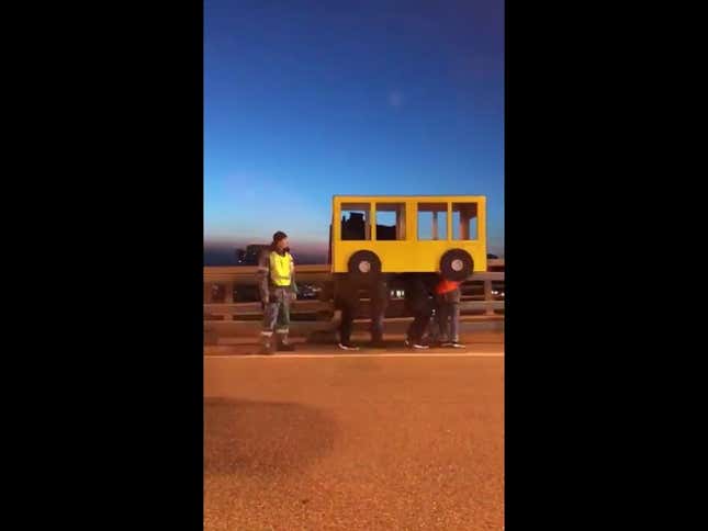 Russian Heroes Dress Up as a Bus to Cross Bridge