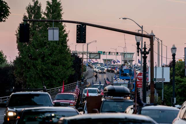 Pro-Trump supporters drive into downtown during a rally in support of the president on August 29, 2020 in Portland, Oregon