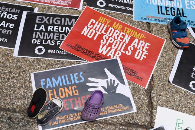 View of signs during a protest against US immigration policies outside the US embassy in Mexico City on June 30, 2018.