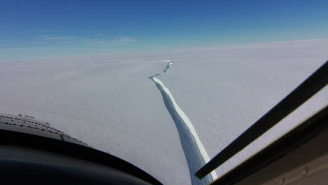 An aerial view of the iceberg that broke off the Brunt Ice Shelf. It measures roughly 490 square miles (1,270 square km) and is nearly 500 feet (150 meters) thick.