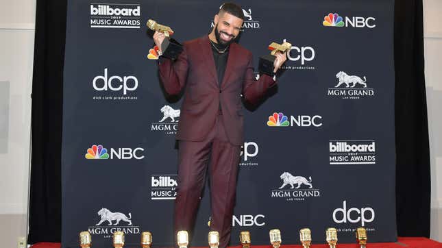 Drake poses with the awards for Top Artist, Top Male Artist, Top Billboard 200 Album for “Scorpion”, Top Billboard 200 Artist, Top Hot 100 Artist, Top Streaming Songs Artist, Top Song Sales Artist, Top Rap Artist, Top Rap Male Artist in the press room during the 2019 Billboard Music Awards on May 01, 2019 in Las Vegas, Nevada.