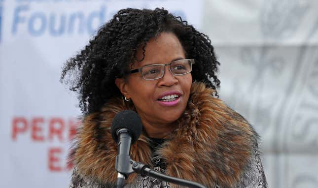 Kim Janey, President, Boston City Council, speaks at the podium during the topping off event in Boston on Feb. 23, 2021. 