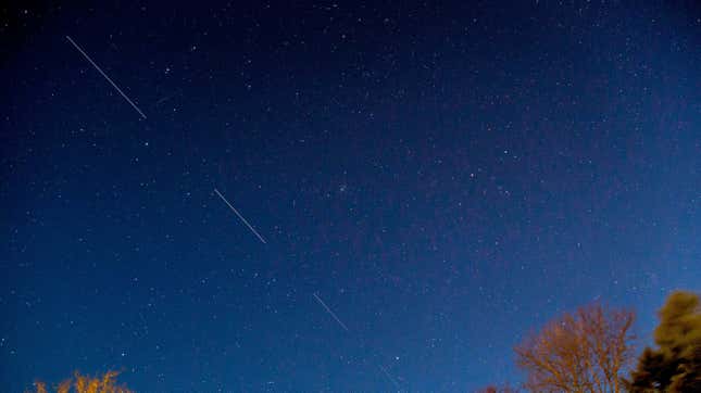 The US satellite SpaceX Starlink 5 is seen in the night passing in the sky above Svendborg on South Funen, Denmark, on April 21, 2020.