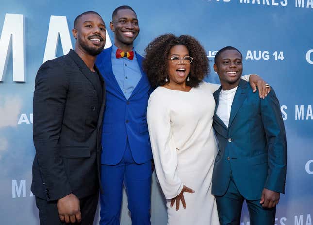 Michael B. Jordan, left, Tarell Alvin McCraney, Oprah Winfrey and Akili McDowell attend the premiere of OWN’s David Makes Man at NeueHouse Hollywood on Aug. 6, 2019, in Los Angeles.