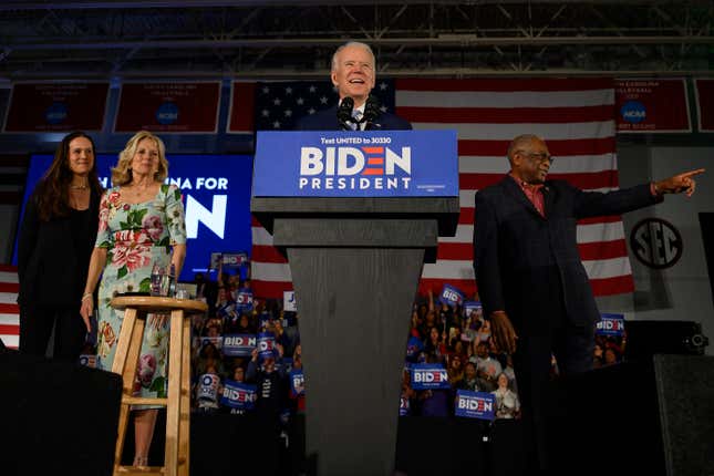 Democratic presidential candidate Joe Biden, accompanied by his daughter Ashley Biden, left, and wife Jill Biden delivers remarks at his primary night election event in Columbia, South Carolina, on February 29, 2020.