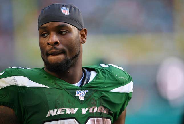 Le’Veon Bell #26 of the New York Jets looks on during the game against the Miami Dolphins in the third quarter at Hard Rock Stadium on November 03, 2019 in Miami, Florida.