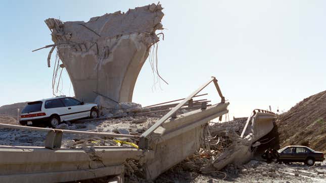 I-5 collapsed in the 1994 Northridge earthquake in SoCal. This is the interchange where a motorcycle cop fell to his death in the early morning darkness, perhaps not realizing that the road was out ahead.