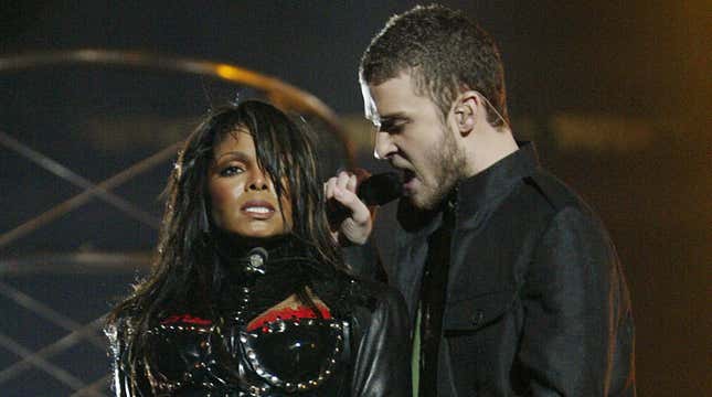 Janet Jackson and Justin Timberlake perform during the halftime show at Super Bowl XXXVIII on February 1, 2004 in Houston, Texas.