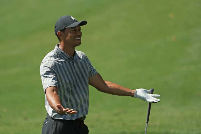 Tiger Woods reacts during a practice round prior to the Masters at Augusta National Golf Club on April 9, 2019, in Augusta, Georgia. 