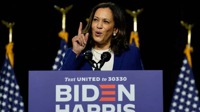 Senator Kamala Harris, the running mate for Democratic presidential candidate Joe Biden, speaks during a campaign event in Wilmington, Delaware, on August 12, 2020.