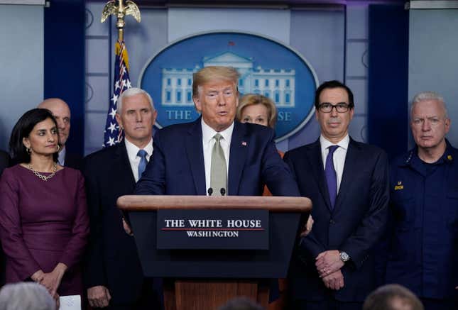 U.S. President Donald Trump, joined by members of the Coronavirus Task Force, speaks about the coronavirus in the press briefing room at the White House on March 17, 2020 in Washington, DC.