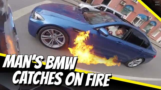 Action Movies Convinced Me That This BMW On Fire Would Explode, Which It Did Not, And I'm Kinda Bummed