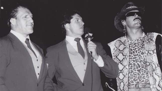 Bruno Sammartino, Vince McMahon, & Jesse Ventura as the Superstars of Wrestling broadcast team in a 1987 promotional photo.