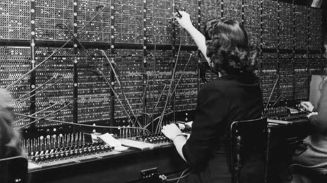 A switchboard operator at work, circa 1945. Frankly, this image alone is enough to give me stress-related nightmares.