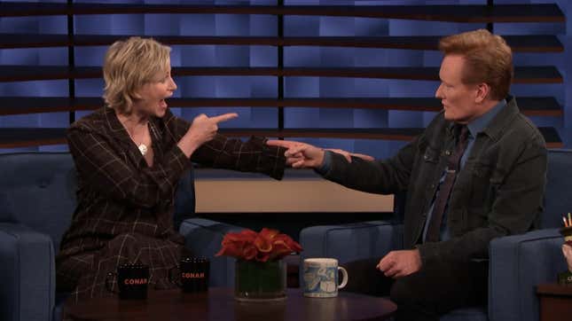 Jane Lynch tells Conan why <i>Hollywood Game Night</i> cut back the booze, cueing celebrity speculation
