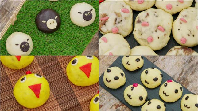 Contestants' steam buns that look like sheep, pigs, chickens, and pandas