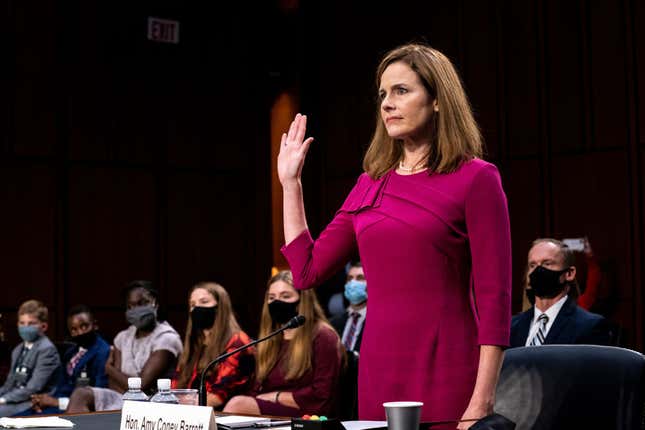 Image for article titled Republican Senate Ike Turners Judge Amy Coney Barrett to the Supreme Court, Successfully Forcing America to Eat the Goddamn Cake